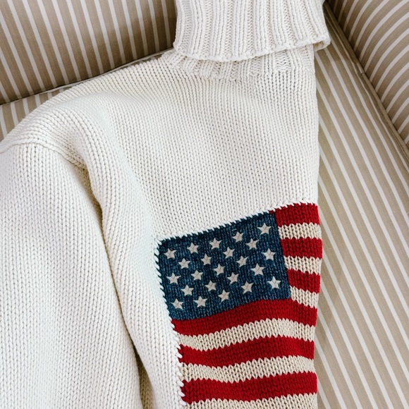 RARE 90s Vintage Ralph Lauren Cream Flag Turtleneck Sweater size M - Blue Tag - Picture 4 of 13